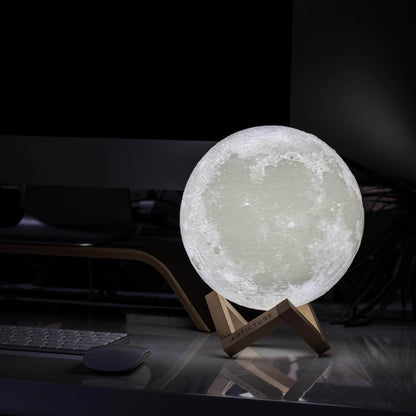 Moon Light – Rechargeable 3D Lunar Lamp with Wooden Pedestal Base and 6 Colour Settings