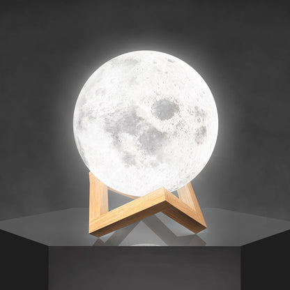 Moon Light – Rechargeable 3D Lunar Lamp with Wooden Pedestal Base and 6 Colour Settings