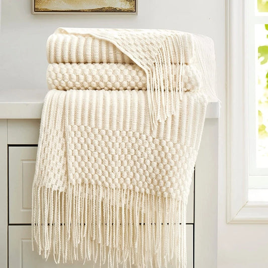 White Boho Vintage Textured Throw Blanket