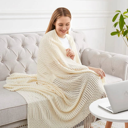 White Boho Vintage Textured Throw Blanket