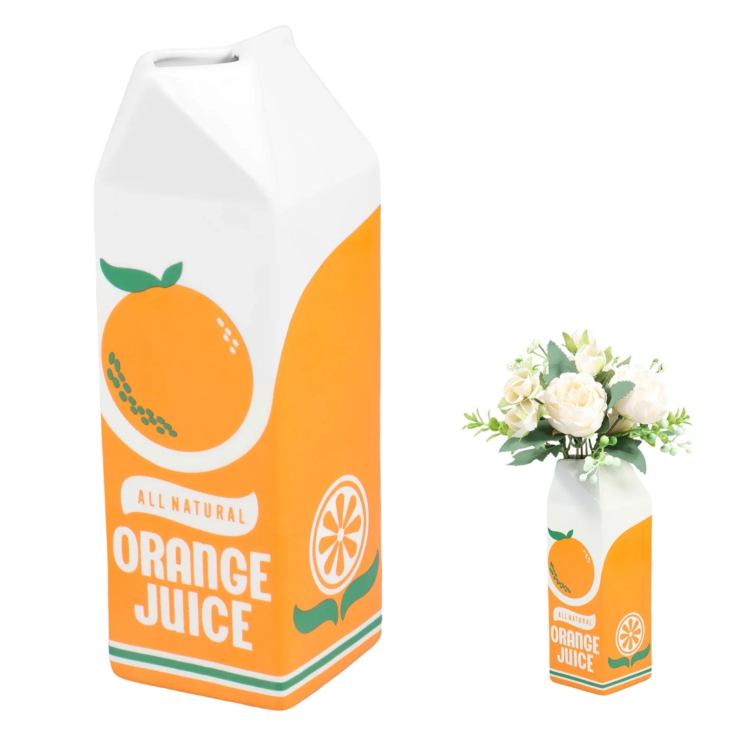 Vintage Orange Juice Box Ceramic Vase – Whimsical Decor for Playful Home Accents