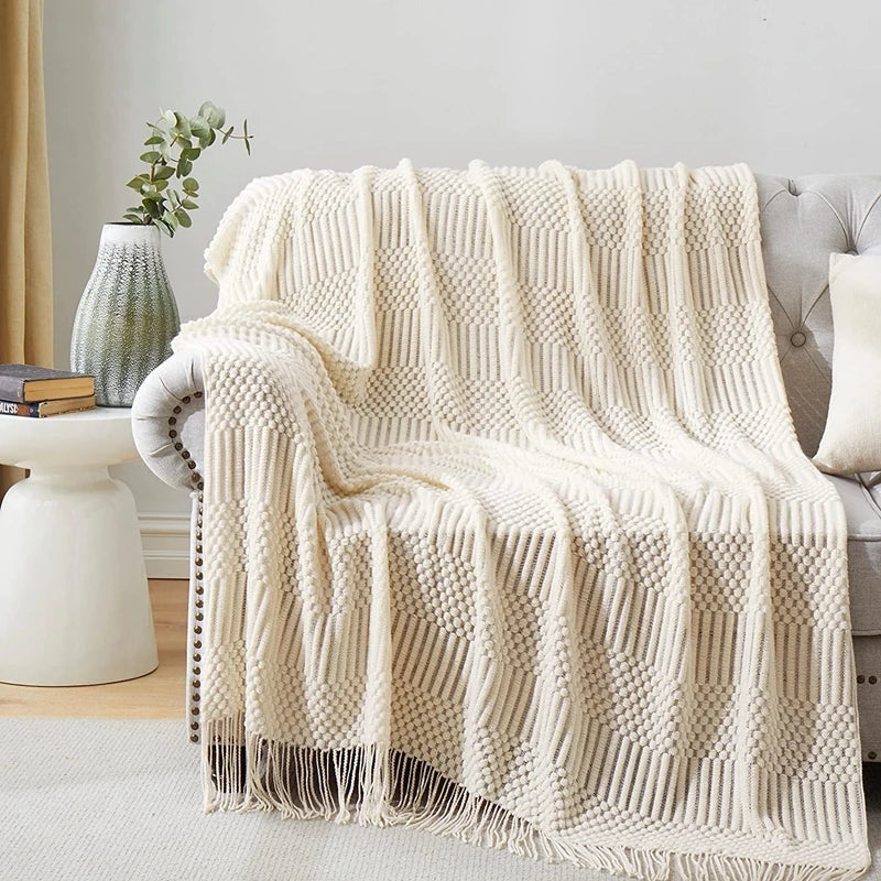 White Boho Vintage Textured Throw Blanket