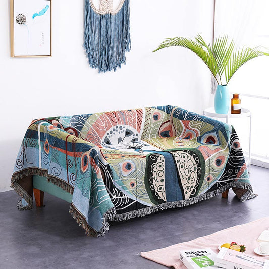 Reversible Peacock Print Tassel Throw Blanket