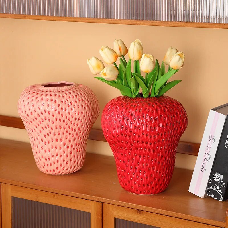 Strawberry Cartoon Ceramic Vase – Fun and Playful Decor for Kids' Rooms