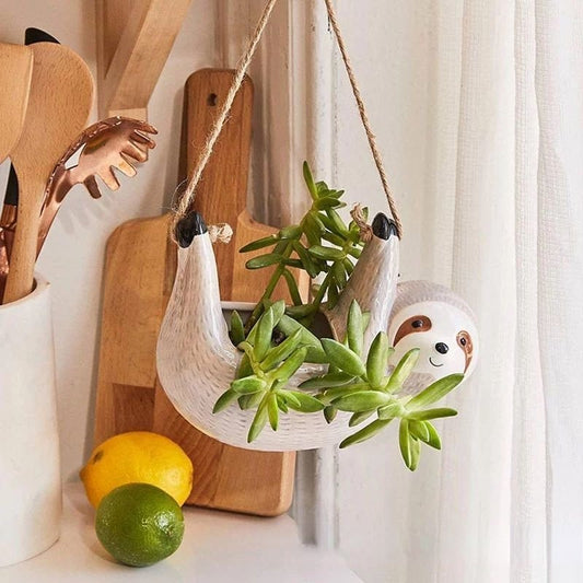 Creative Ceramic Sloth Hanging Flowerpot – Quirky Wall-Mounted Planter for Fun Home Decor