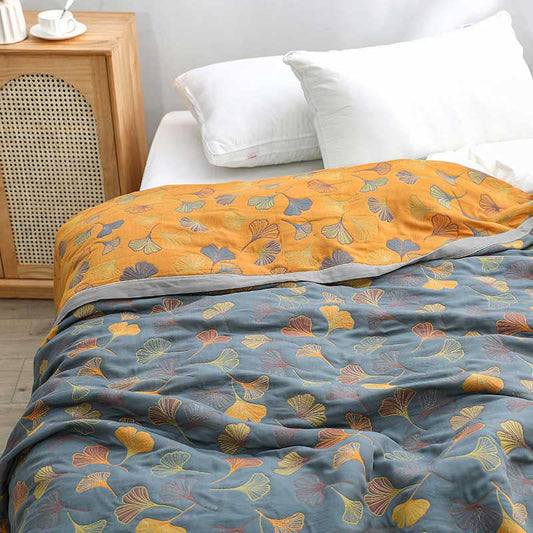 Reversible Ginkgo Leaf Cotton Throw - Eco-Friendly & Stylish