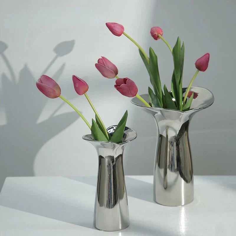 Sleek Silver Geometric Ceramic Vase – Elegant Decorative Vase for Flowers and Home Decor