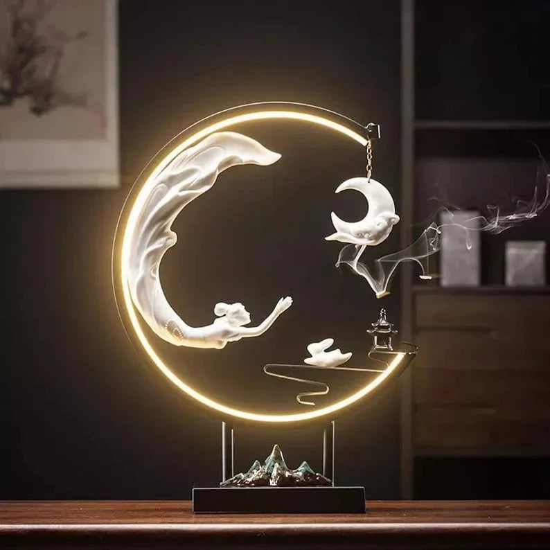 Celestial Lady Flying to the Moon Incense Burner Lamp – Handcrafted Backflow Burner Inspired by the Legend of Chang’e and Hou Yi