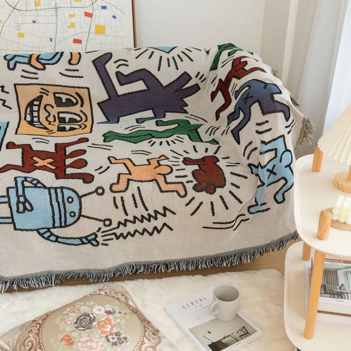 Keith Haring Jigsaw Throw Blanket - Jacquard Woven Graffiti Design with Tassels, Polyester/Cotton Anti-Pilling Blanket