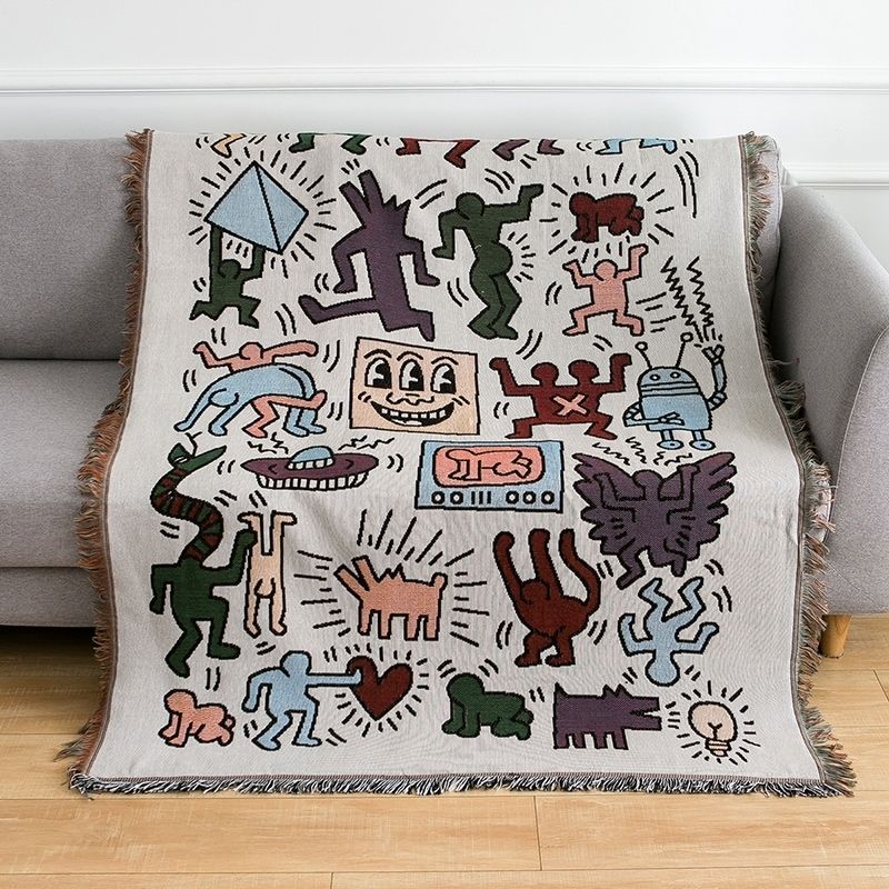 Keith Haring Jigsaw Throw Blanket - Jacquard Woven Graffiti Design with Tassels, Polyester/Cotton Anti-Pilling Blanket