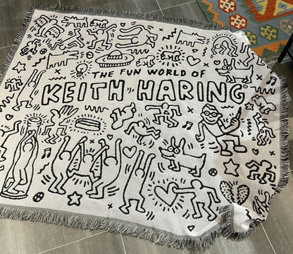 Keith Haring Jigsaw Throw Blanket - Jacquard Woven Graffiti Design with Tassels, Polyester/Cotton Anti-Pilling Blanket