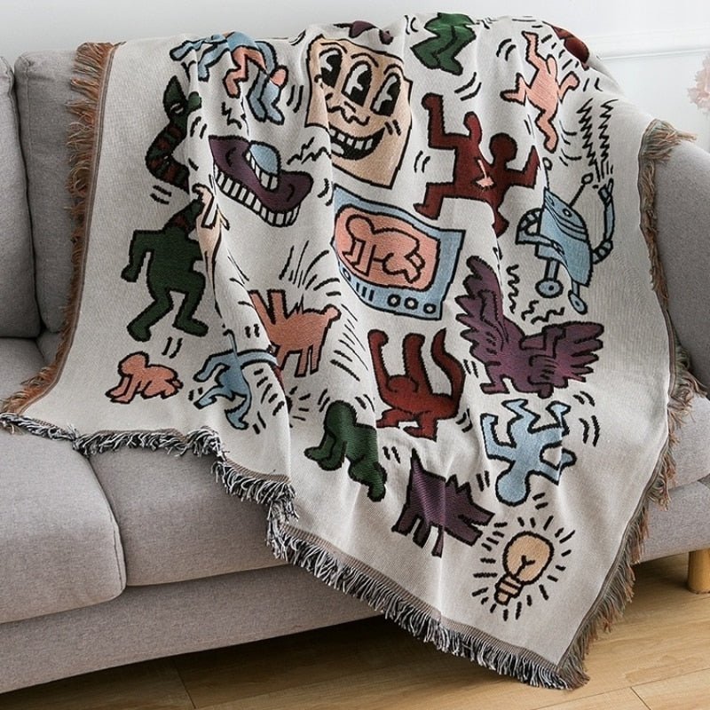 Keith Haring Jigsaw Throw Blanket - Jacquard Woven Graffiti Design with Tassels, Polyester/Cotton Anti-Pilling Blanket