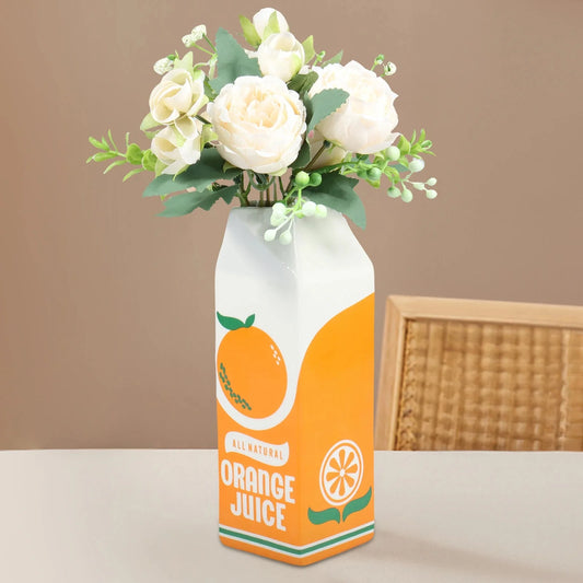 Vintage Orange Juice Box Ceramic Vase – Whimsical Decor for Playful Home Accents