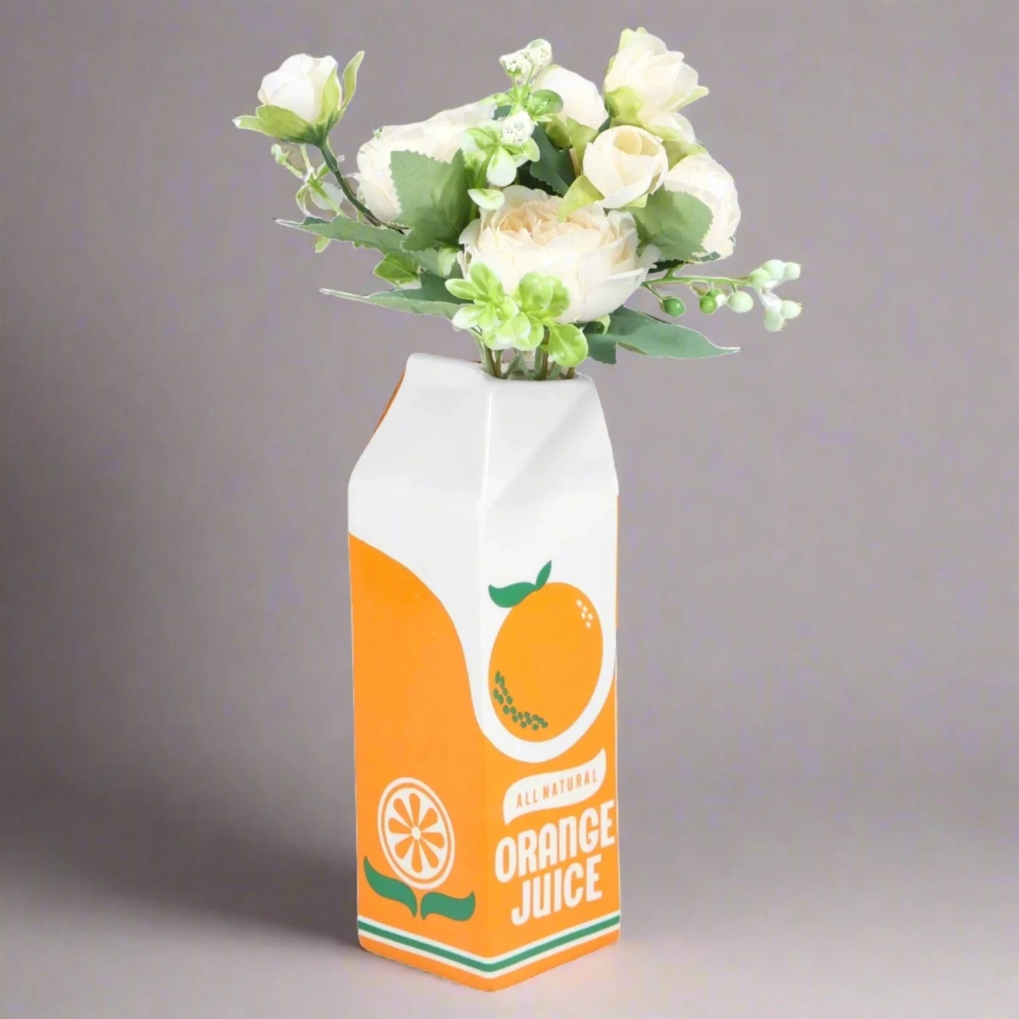 Vintage Orange Juice Box Ceramic Vase – Whimsical Decor for Playful Home Accents