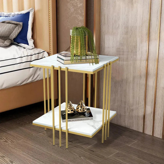 Square Marble Top End Side Table - Modern Minimalist Side Table with Gold Legs and Storage Shelf