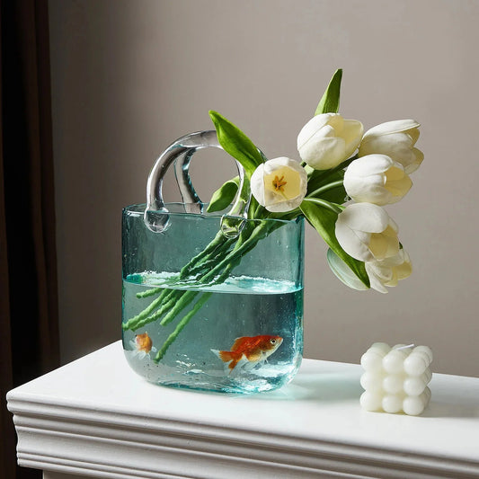 Pastel Handbag-Shaped Glass Vase – Whimsical Decorative Vase for Flowers and Home Decor